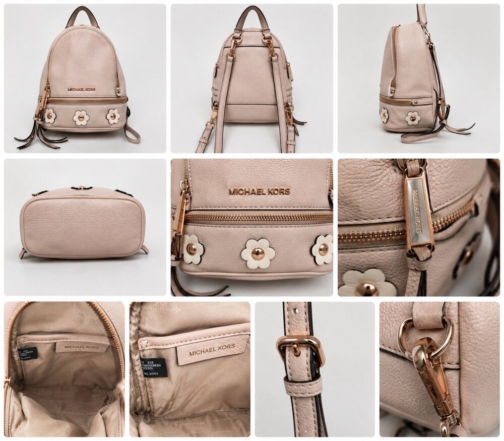 Michael Kors Rhea Mini Backpack Blush Pink Pebbled Leather Floral Rose Gold